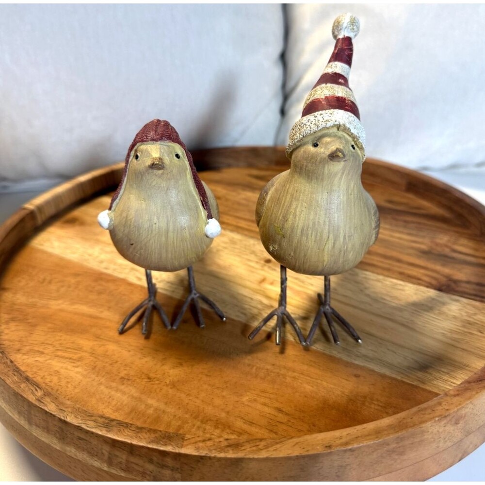 Holiday Christmas Bird Figurines w/Red  Winter Hats & Wire Feet 5" - Set of 2